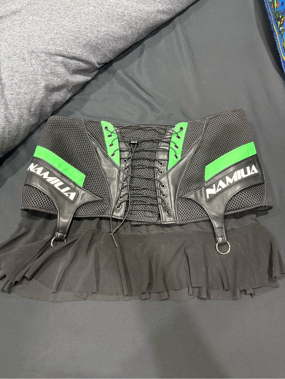 Namilia Black Mesh Lace-Up Skirt with Green Accents